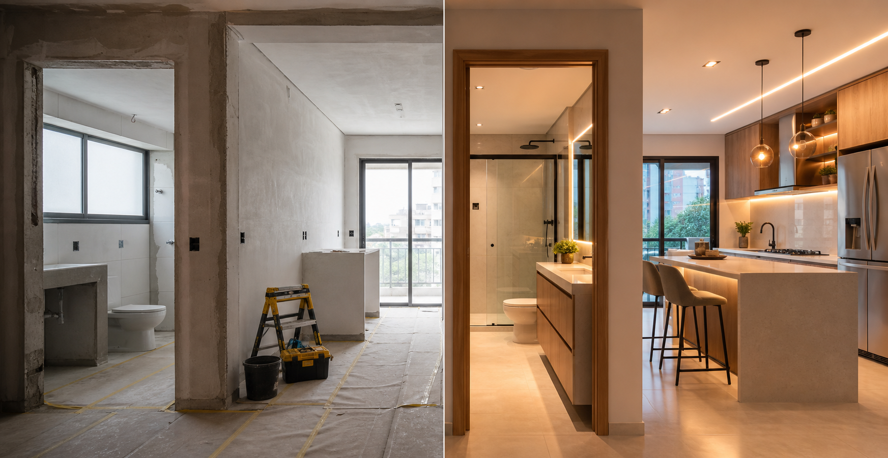 Transformação visual de um ambiente residencial antes e depois da reforma