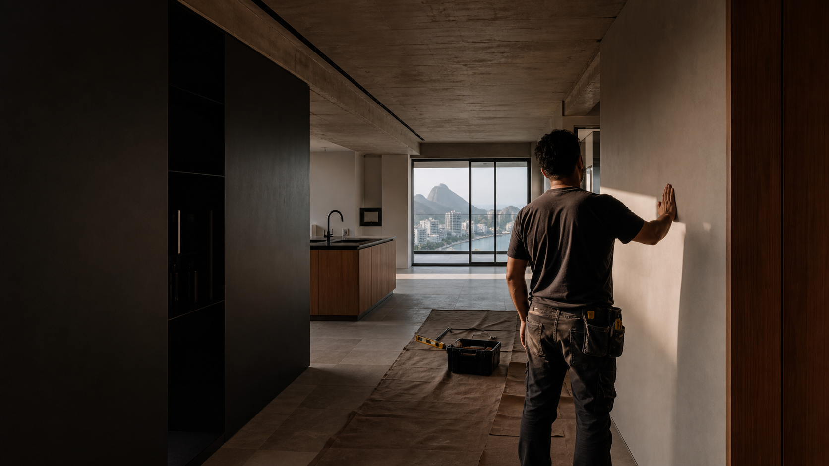 Profissional avaliando o acabamento de um apartamento contemporâneo em reforma